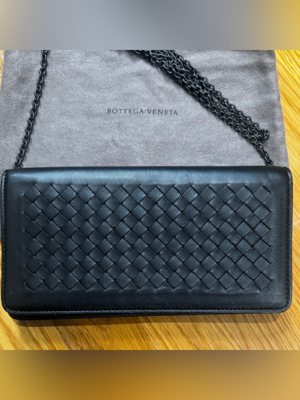 Authentic Bottega Veneta Intrecciato Chain Wallet in black leather- w/ pouch